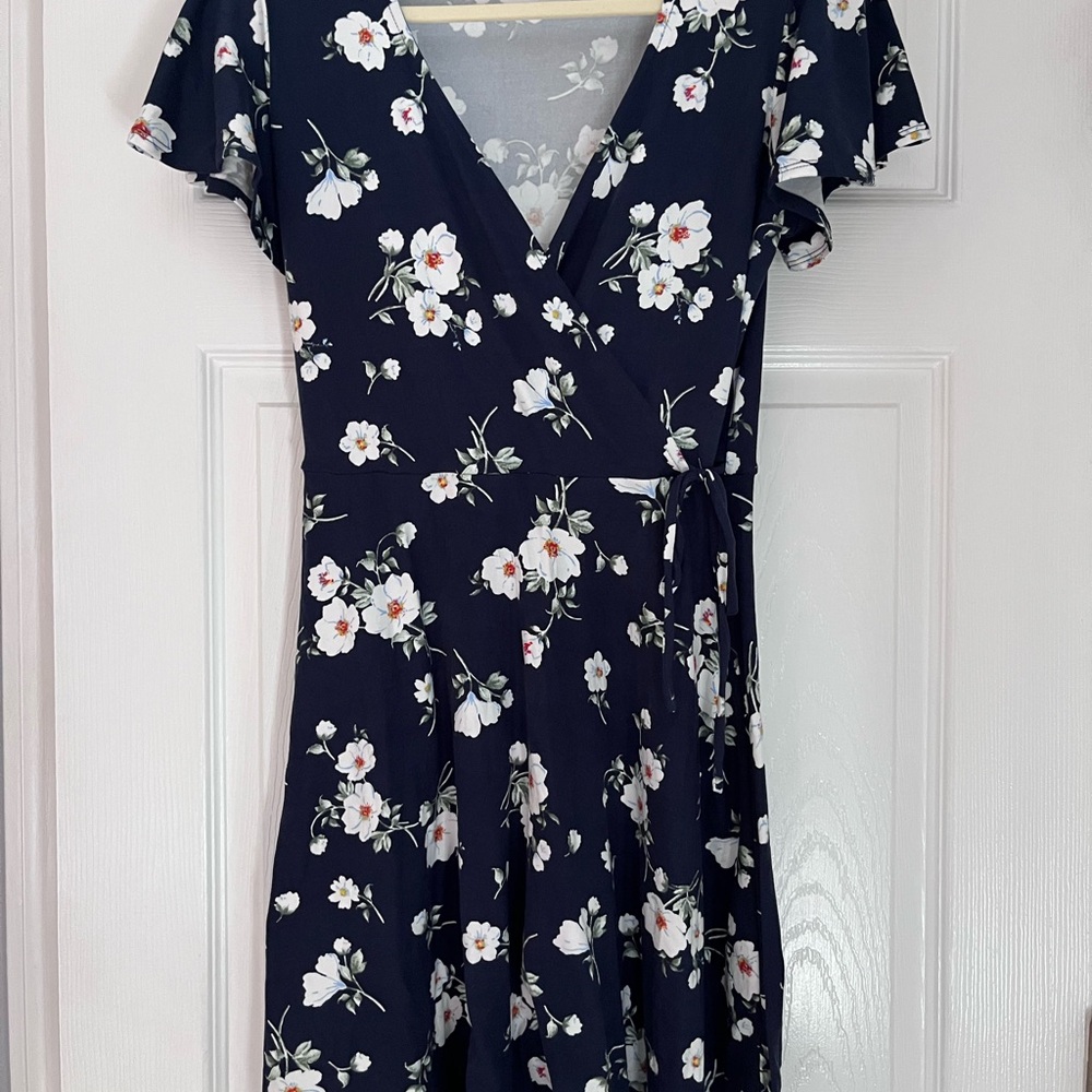 Blue and White V-Neck Flutter Sleeve Mini Dress